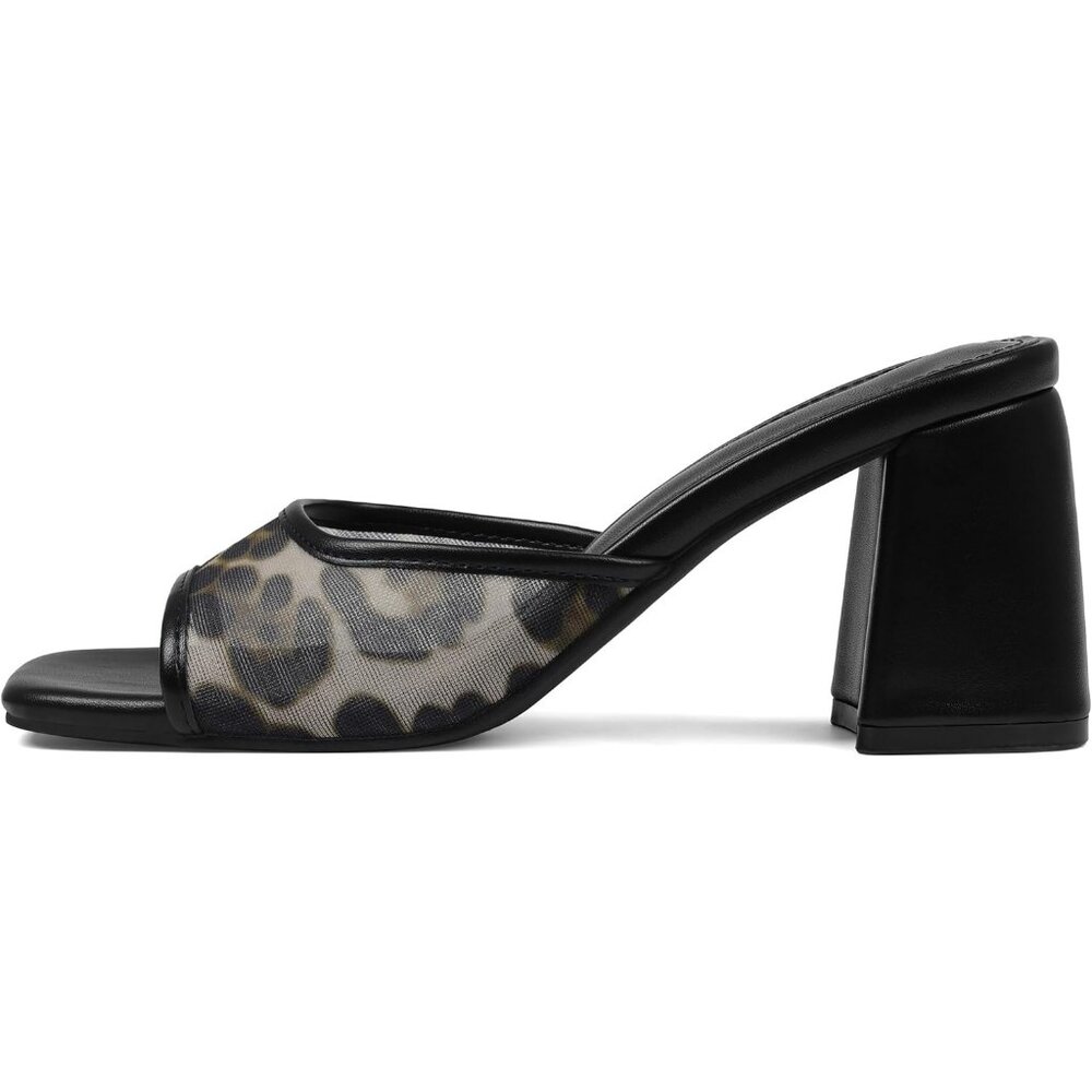 Women's Leopard Mesh Slide Sandals Square Open Toe Mules Chunky Heels Slip Shoes